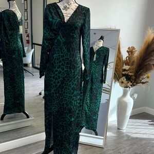 Mango Emerald Green and Black Leopard Print Long Sleeve Wrap Dress